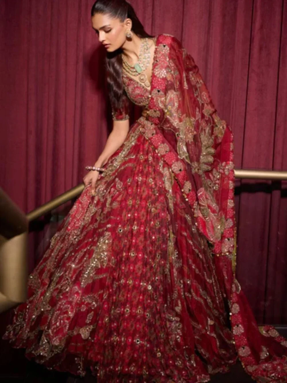 Mahima Mahajan Dark Red Lengha Ehlam with Veil (MMM-WF24-954) - Picture 7 of 12
